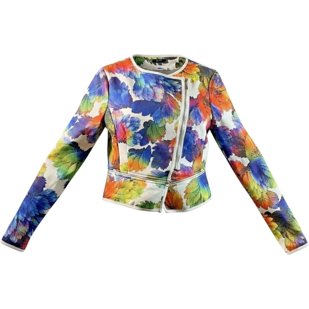 Alt. B Moto Jacket Women Large Multicolor Leaf Print Asymmetrical Zip Cropped